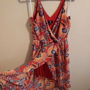Iz Byer XL Red Floral Print High Low Faux Wrap Spaghetti Strap Dress